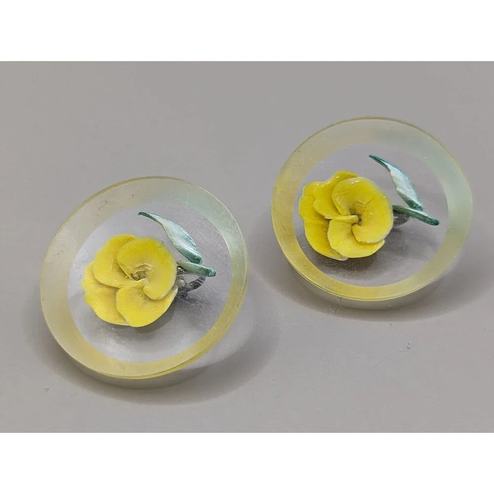 Vintage Lucite Yellow Rose Earrings